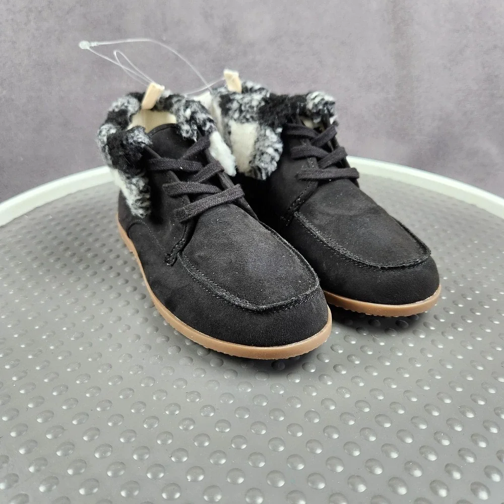 Gap Kids Moccasin Boot Boys Size 1 Black Faux Suede Plaid Cuff‎ Lined